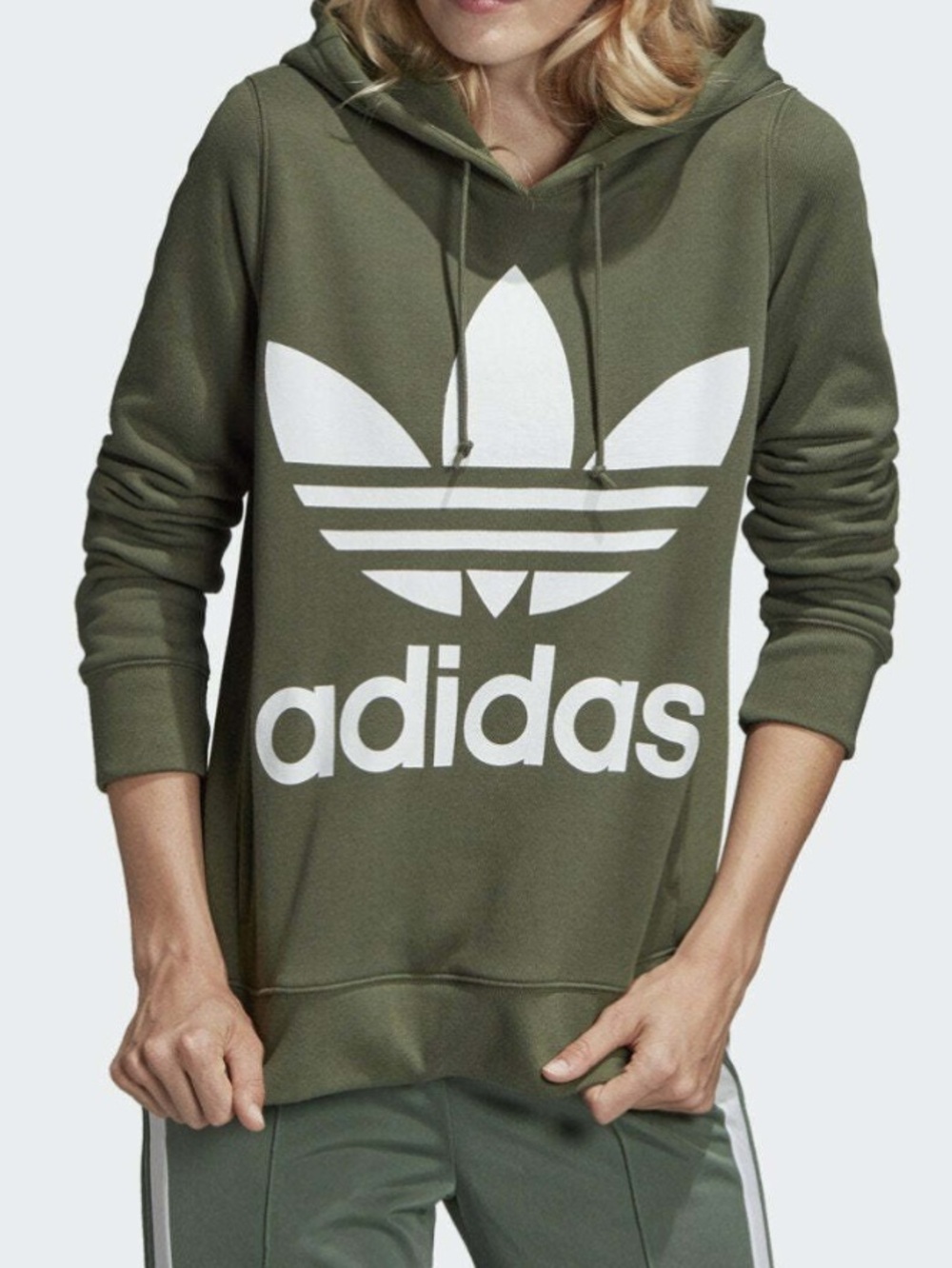 Adidas Olive Green Trefoil Hoodie Sweatshirt Medium